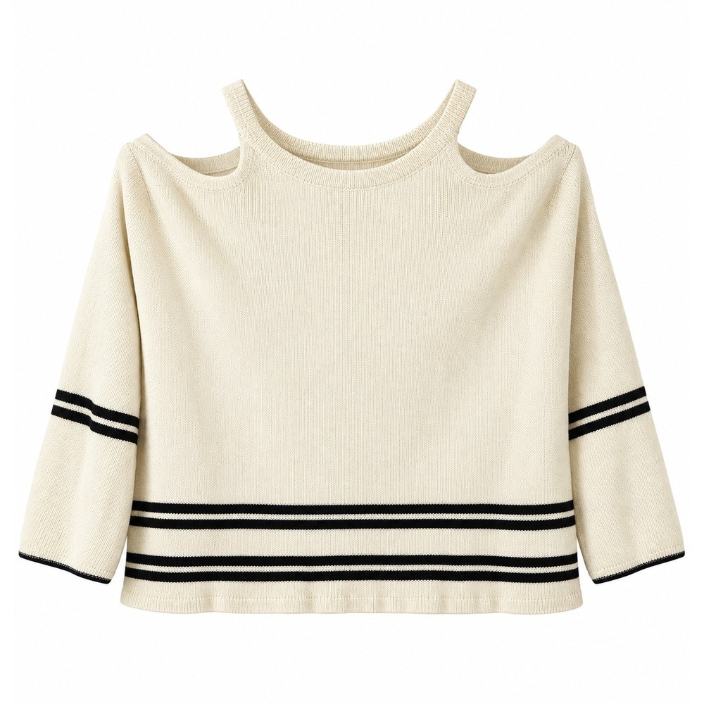 Knitted & Knotted Sweater Womens S Ivory EUC Cold Shoulder Bell Sleeve Striped